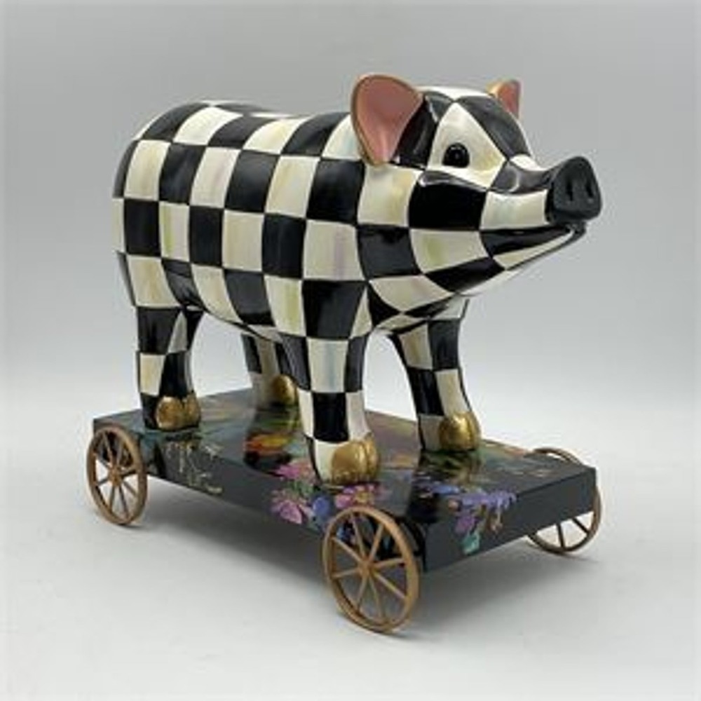 MacKenzie-Childs Courtly Check Pig on Parade Figurine Black White Gold